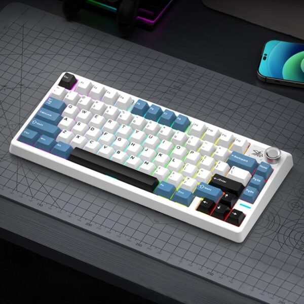 Teclado mecánico SHIPADOO JK750 con interruptores azules, iluminación RGB, 79 teclas y tres modos.